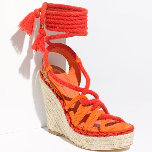 Dior Tahiti Red/Orange Espadrille Wedges Sz 37 - Picture 1 of 9